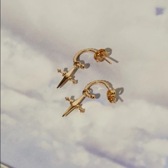 LUV AJ GOLD MINI CROSS EARRINGS DAINTY MEJURI BAUBLEBAR VANESSA MOONEY REVOLVE - Picture 5 of 16